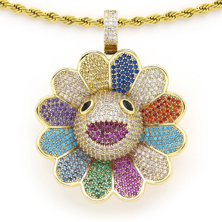 Rainbow Flower Pendant with 14K Gold Plated Rope Chain