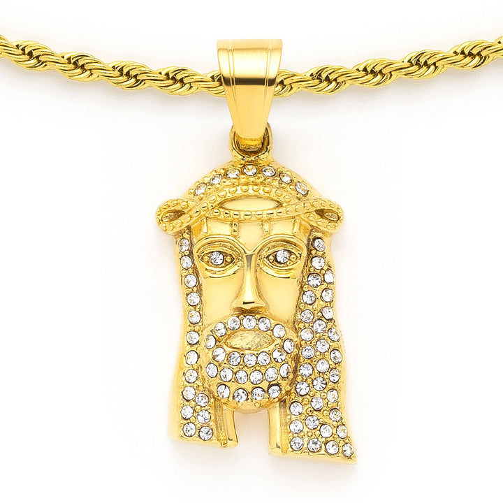 Jesus Piece Pendant with 14K Gold Plated Rope Chain