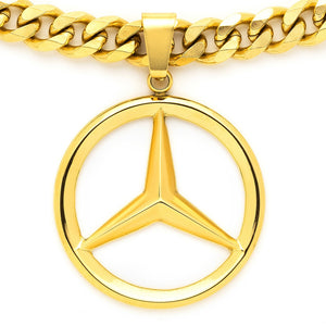 Merc Pendant with 14K Gold Plated Cuban Link Chain